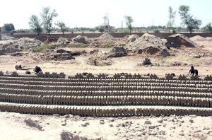Labourers are preparing raw bricks at a local kiln to earn their livelihood.