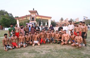 A view of Kabbadi final match playing between Tehsil Sargodha and Tehsil Sahiwal teams during Inter-Tehsil Kabaddi Tournament organized by District Sports Department.