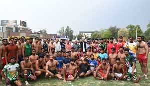 Players in action during a kabaddi match between Sargodha and Bhakkar at the Chief Minister Punjab Inter-District Kabaddi Championship.