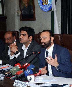 President Faisalabad Chamber of Commerce & Industry (FCCI) Farooq Yousaf Sheikh is addressing a press conference at FCCI Complex.