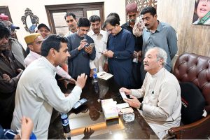 Political Secretary to Chairman Pakistan Peoples Party, MPA Jameel Ahmed Soomro, listens to public grievances at the Public Center in Ghalib Nagar