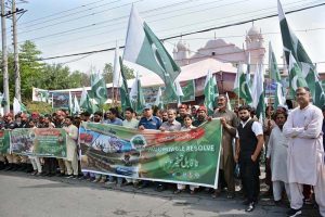 Commissioner Musarat Jabeen and Deputy Commissioner Nadeem Nasir lead a rally to express solidarity with the Pakistan Armed Forces started from District Council Chowk in connection with the one-year celebrations of the Maraka-e-Haq (Bunyan-ul- Marsoos)