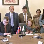 Ms. Aisha Humera, Secretary M/O Climate Change & Environmental Coordination and Norwegian Ambassador to Pakistan H.E. Per Albert Ilsaas signing MoU between Pakistan and Norway. Federal Minister for Climate Change and Environmental Coordination, Dr. Musadik Malik also present on the occasion