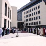 Candidates are standing in queues to submit documents for various job opportunities at the Main Nawaz Sharif Cardiology Center