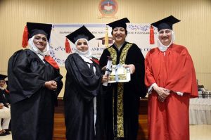 Minister of State for Federal Education Wajiha Qamar awarding degrees and prizes to outstanding students during the 45th Convocation Ceremony at Islamabad Model College for Girls (Postgraduate) F-7/2.
