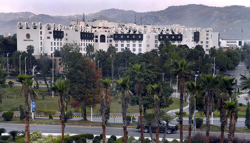 A view of a local hotel accommodating guests amid heightened security measures as arrangements have been put in place for the Islamabad Talks 2026 in the capital, being held as a diplomatic effort to ease tensions in the region