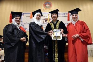 Minister of State for Federal Education Wajiha Qamar awarding degrees and prizes to outstanding students during the 45th Convocation Ceremony at Islamabad Model College for Girls (Postgraduate) F-7/2.