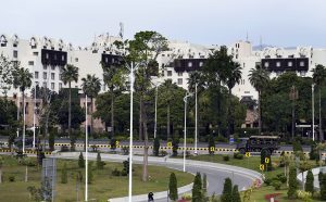 A view of a local hotel accommodating guests amid heightened security measures as arrangements have been put in place for the Islamabad Talks 2026 in the capital, being held as a diplomatic effort to ease tensions in the region