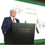 Ambassador Shafqat Ali Khan, Pakistan's Envoy to the United Arab Emirates addresses members of the Pakistani community during a reception hosted in his honour by Vista Maritime Travel Tourism