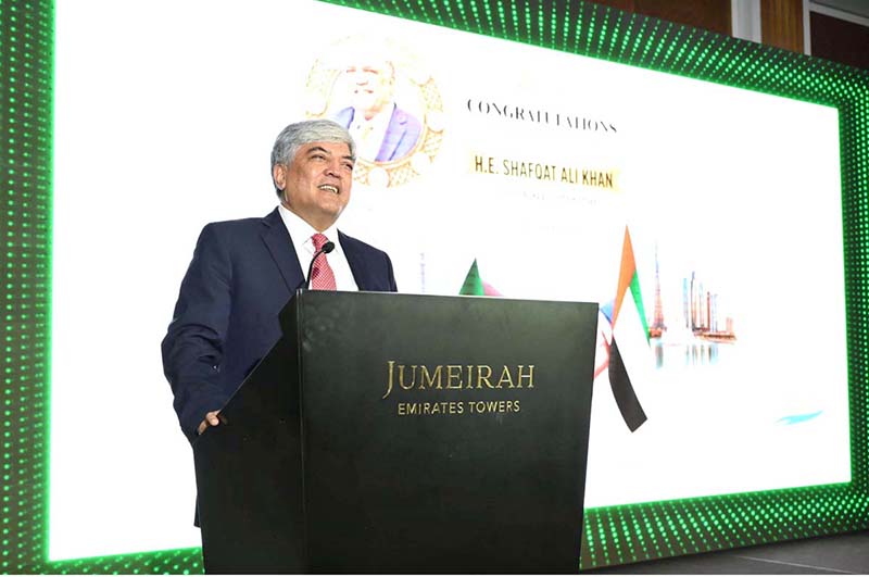 Ambassador Shafqat Ali Khan, Pakistan's Envoy to the United Arab Emirates addresses members of the Pakistani community during a reception hosted in his honour by Vista Maritime Travel Tourism