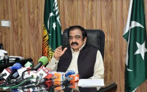 Adviser to Prime Minister (PM) on Political & Public Affairs Senator Rana Sanaullah Khan is talking to media persons at his residence