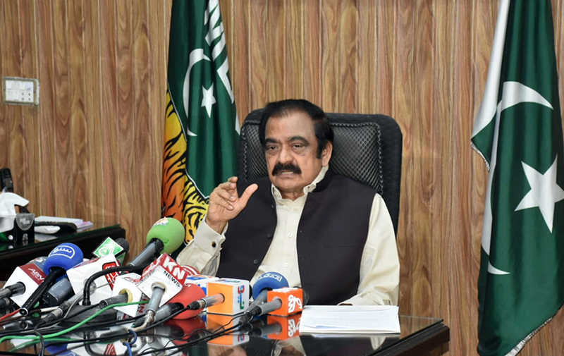 Adviser to Prime Minister (PM) on Political & Public Affairs Senator Rana Sanaullah Khan is talking to media persons at his residence
