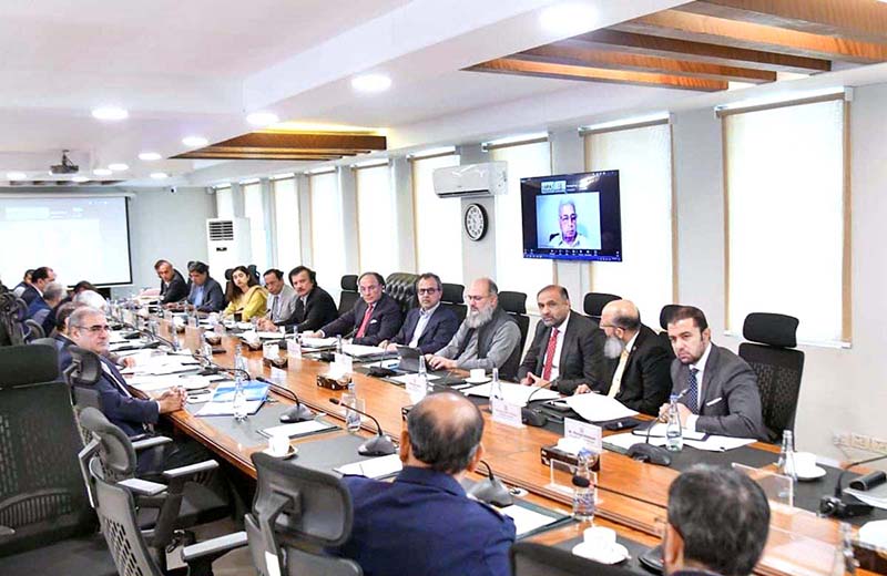 Federal Minister for Finance and Revenue Senator Muhammad Aurangzeb chairing a meeting of the Economic Coordination Committee (ECC) of the Cabinet at the Finance Division