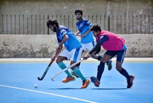 A view of the hockey match played between University of Agriculture and University of Sargodha hockey teams during HEC Intervarsity Hockey Men (Zone-I) Championship 2026 organized by Government College University Faisalabad (GCUF) at Hockey Stadium.
