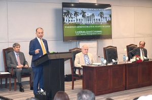 Federal Minister for Climate Change Dr. Musaddiq Malik addresses a ceremony for the distribution of certificates among participants of the 124th Management Course at Pakistan Administrative Staff College, Shahrah-e-Quaid-e-Azam