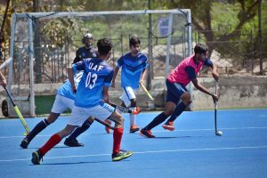 A view of the hockey match played between University of Agriculture and University of Sargodha hockey teams during HEC Intervarsity Hockey Men (Zone-I) Championship 2026 organized by Government College University Faisalabad (GCUF) at Hockey Stadium.
