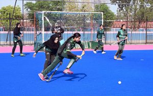 A view of the final women’s hockey match between Fatima Women Hockey Club’s senior team and Fatima Hockey Club’s junior team during the Hockey Festival organized by Crescent Hockey Club and Fatima Women Hockey Academy at Austro Turf Hockey Stadium.