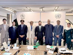Minister of State Barrister Aqeel Malik and Secretary MoHR Mr. Abdul Khalique Shaikh stand with the Pakistani delegation following a successful dialogue with the UN Committee Against Torture.