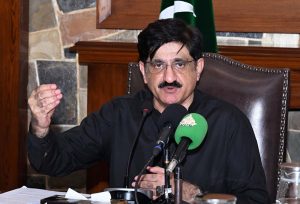 Sindh Chief Minister Syed Murad Ali Shah addresses a press conference at the Chief Minister House