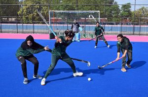 A view of the final women’s hockey match between Fatima Women Hockey Club’s senior team and Fatima Hockey Club’s junior team during the Hockey Festival organized by Crescent Hockey Club and Fatima Women Hockey Academy at Austro Turf Hockey Stadium.