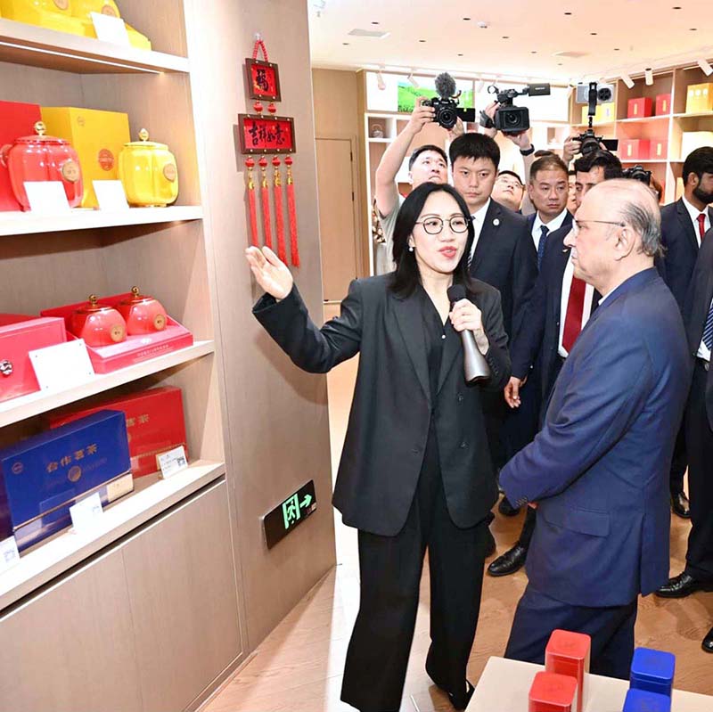 President Asif Ali Zardari visiting the history gallery of Hunan Tea Group and observing exhibits on the development of the tea industry