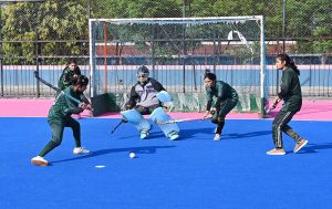 A view of the final women’s hockey match between Fatima Women Hockey Club’s senior team and Fatima Hockey Club’s junior team during the Hockey Festival organized by Crescent Hockey Club and Fatima Women Hockey Academy at Austro Turf Hockey Stadium.