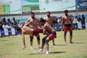 Pakistan Army and Pakistan Railways teams compete in a Kabaddi match at the Sarsabz Inter-Departmental National Kabaddi Championship 2026 in Malik Pur Stadium.