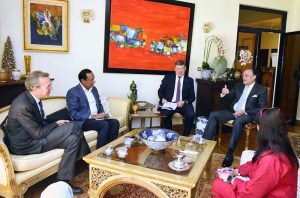 Federal Minister for Finance and Revenue, Senator Muhammad Aurangzeb holding a meeting with H.E. Raimundas Karoblis, Ambassador of the European Union to Pakistan, who called on the Finance Minister.