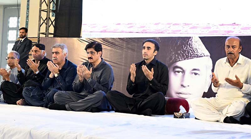 Chairman Pakistan Peoples Party Bilawal Bhutto Zardari along with Chief Minister Sindh Syed Murad Ali Shah and others offers Dua on the occasion of 47th death anniversary of Shaheed Zulfiqar Ali Bhutto at Garhi Khuda Bakhsh