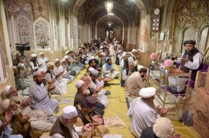 Maulana Muhammad Tayyab Qureshi, Chief Khateeb of Khyber Pakhtunkhwa and Imam of Masjid Mahabat Khan, attends a prayer service as the nation observes Youm-e-Tashakur following a ceasefire agreement between the United States and Iran at Masjid Mahabat Khan
