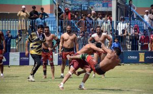 Pakistan Army and Pakistan Railways teams compete in a Kabaddi match at the Sarsabz Inter-Departmental National Kabaddi Championship 2026 in Malik Pur Stadium.