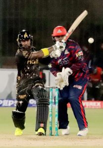 - Islamabad United Devon Conway plays a shot during the Pakistan Super League -11 cricket match against Lahore Qalandars at national Stadium.