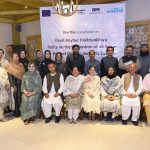 Additional Secretary Social Welfare Department Umra Khan, Resident Director of Aurat Foundation Shabina Ayaz and UN Women members in a group photo along with other participants during one day consultation on Draft KP Policy on the Prevention of Violence against Women and Girls 2026
