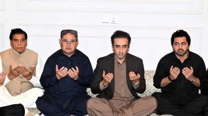 Chairman Pakistan Peoples Party Bilawal Bhutto Zardari condoles with Member National Assembly Ijaz Jakhrani on the death of his father Mir Ahmed Nawaz alias Babul Khan Jakhrani at Jakhrani House