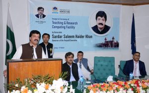 Governor Punjab Sardar Saleem Haider Khan addresses faculty members at the New Senate Hall, UAF, after inaugurating the Teaching and Research Computing Center.