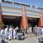 Relatives gathered outside Multan International Airport to see off Hajj pilgrims on the first Hajj flight