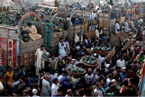 An aerial view of watermelons being auctioned as traders and farmers bargain with dealers, while shopkeepers participate in bidding at a fruit market in the provincial capital.