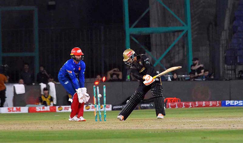 Hyderabad Kingsmen batsman Husain Shah bowled out during Islamabad United vs Hyderabad Kingsmen Pakistan Super League 11 at National Stadium