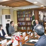 Federal Minister for Finance and Revenue, Senator Muhammad Aurangzeb, in a meeting with IFC Divisional Director Mr. Simon Andrews, World Bank Country Director for Pakistan Ms. Bolormaa Amgaabazar, and IFC Country Manager Ms. Naz Khan to discuss investment expansion, infrastructure development, and job creation at the Finance Division