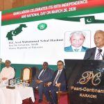 Sindh Governor Syed Muhammad Nehal Hashmi addresses the audience as the chief guest at the 55th Independence Day and National Day celebrations of Bangladesh