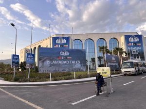 An exterior view of the modern media center established at the Jinnah Convention Center to facilitate national and international journalists covering the historic Islamabad Talks 2026, part of the Iran–US mediation process in the Federal Capital