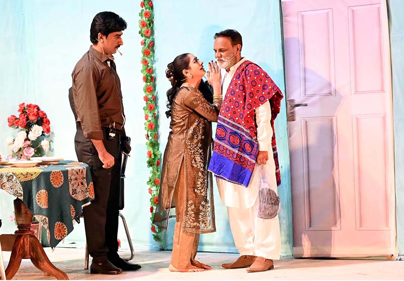 Artists performing in the drama “ Artificial ” at Z.A. Bhutto Open Air Theater Arts Council in Collaboration with the Culture Department Government of Sindh