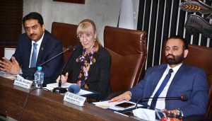 Ambassador of Germany to Pakistan, Ina Lepel is addressing the business community during his visit to Faisalabad Chamber of Commerce & Industry (FCCI).