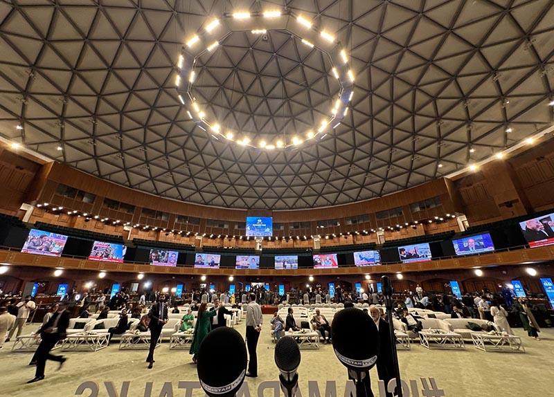 An interior view of the modern media center established at the Jinnah Convention Centre to facilitate national and international journalists covering the historic Islamabad Talks 2026 in the Federal Capital