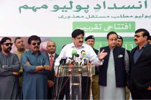 Sindh Chief Minister Syed Murad Ali Shah speaks to the media after inaugurating the province-wide anti-polio campaign at Government Boys Secondary School, Khayaban-e-Shujaat, Defence