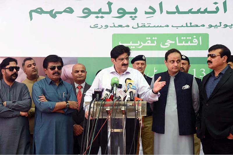 Sindh Chief Minister Syed Murad Ali Shah speaks to the media after inaugurating the province-wide anti-polio campaign at Government Boys Secondary School, Khayaban-e-Shujaat, Defence