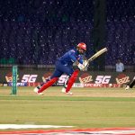 Islamabad United batter Faheem Ashraf plays a shot during the Pakistan Super League -11 T20 cricket match between Hyderabad Kingsman and Islamabad United at National Stadium