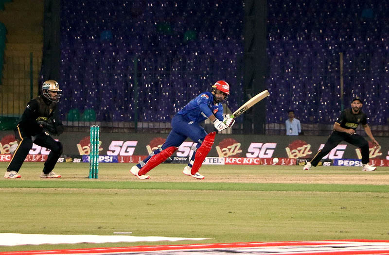 Islamabad United batter Faheem Ashraf plays a shot during the Pakistan Super League -11 T20 cricket match between Hyderabad Kingsman and Islamabad United at National Stadium