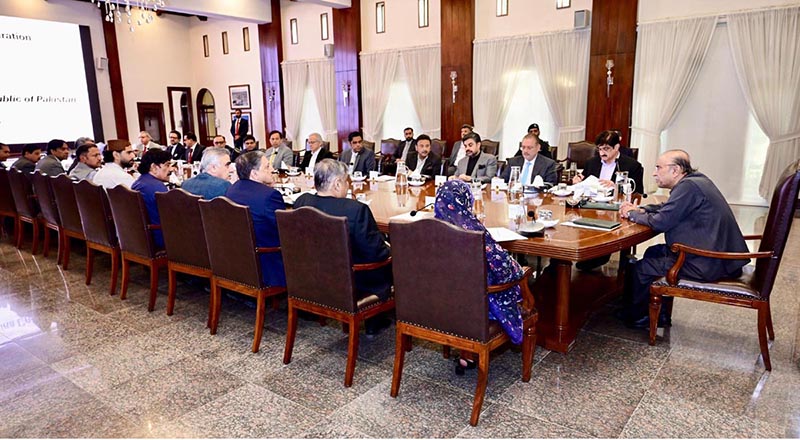 President Asif Ali Zardari chairing a meeting reviewing progress of Pakistan-China MoUs signed during his recent visits to China at the Chief Minister House