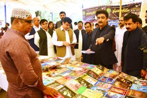 Sindh Provincial Minister for Culture and Tourism Syed Zulfiqar Ali Shah visits the books stalls after opening the Books Festival in connection with World Book Day at Sindh Museum.